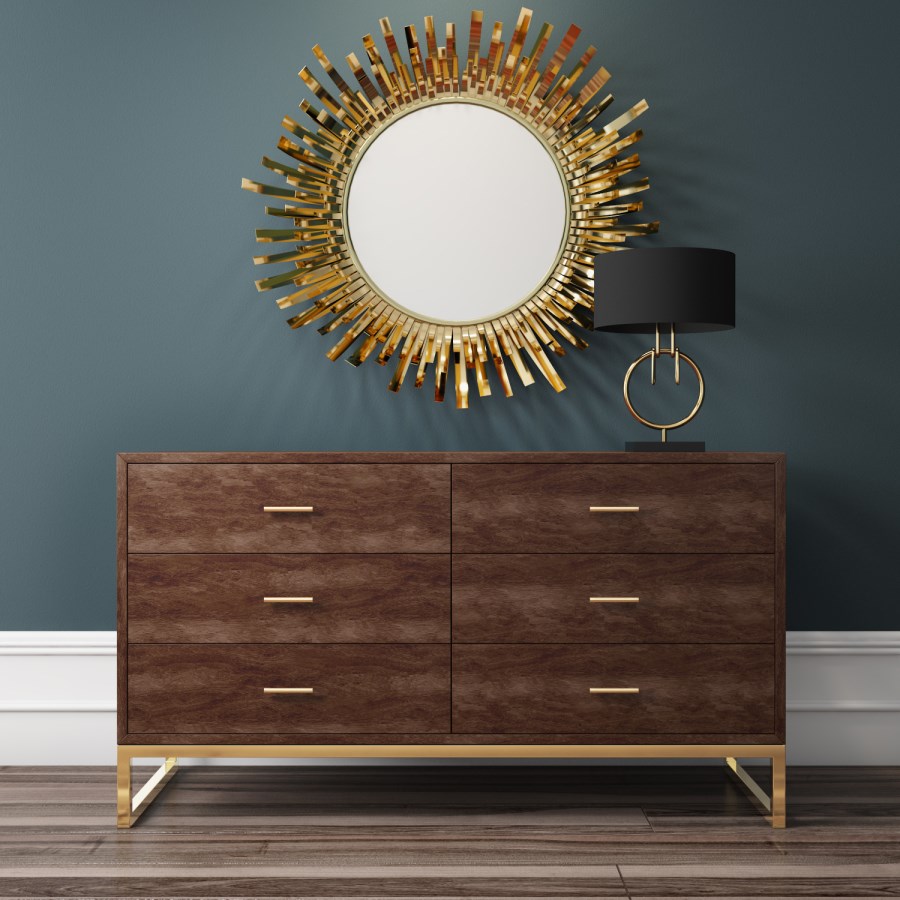 Aubrey Walnut 6 Drawer Wide Chest of Drawers with Gold Legs