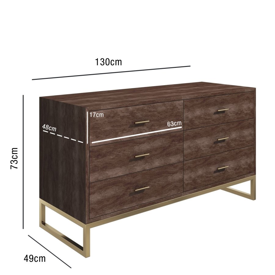 Aubrey Walnut 6 Drawer Wide Chest of Drawers with Gold Legs