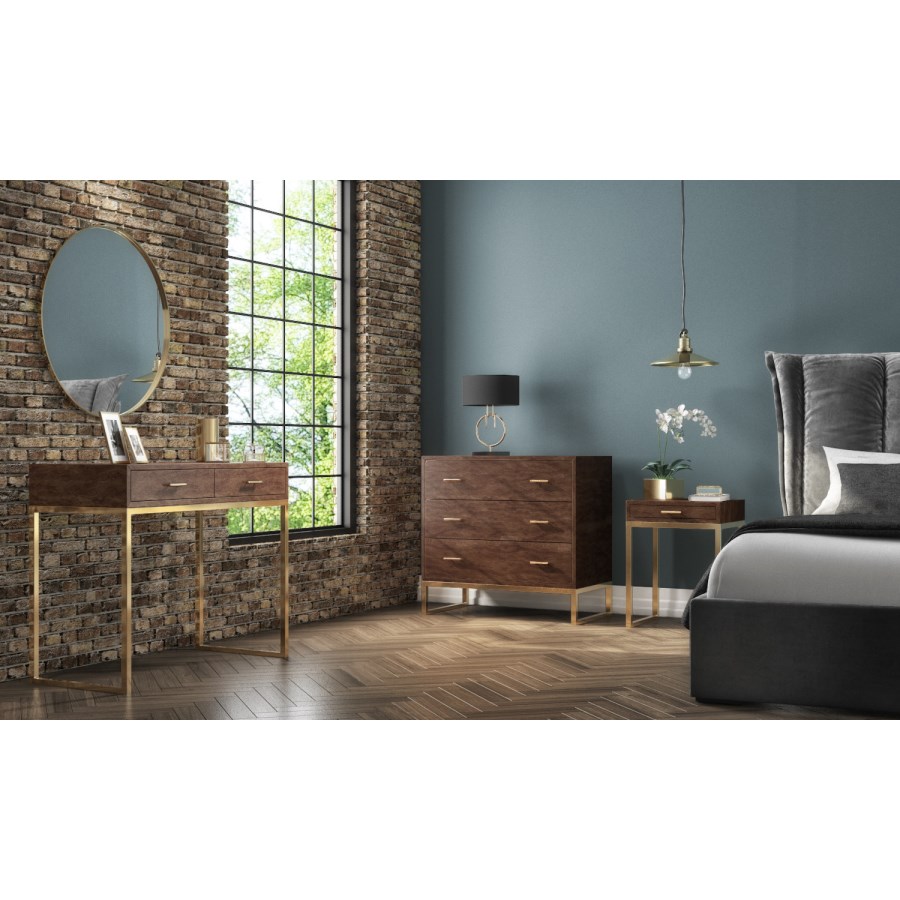 Aubrey Walnut 6 Drawer Wide Chest of Drawers with Gold Legs