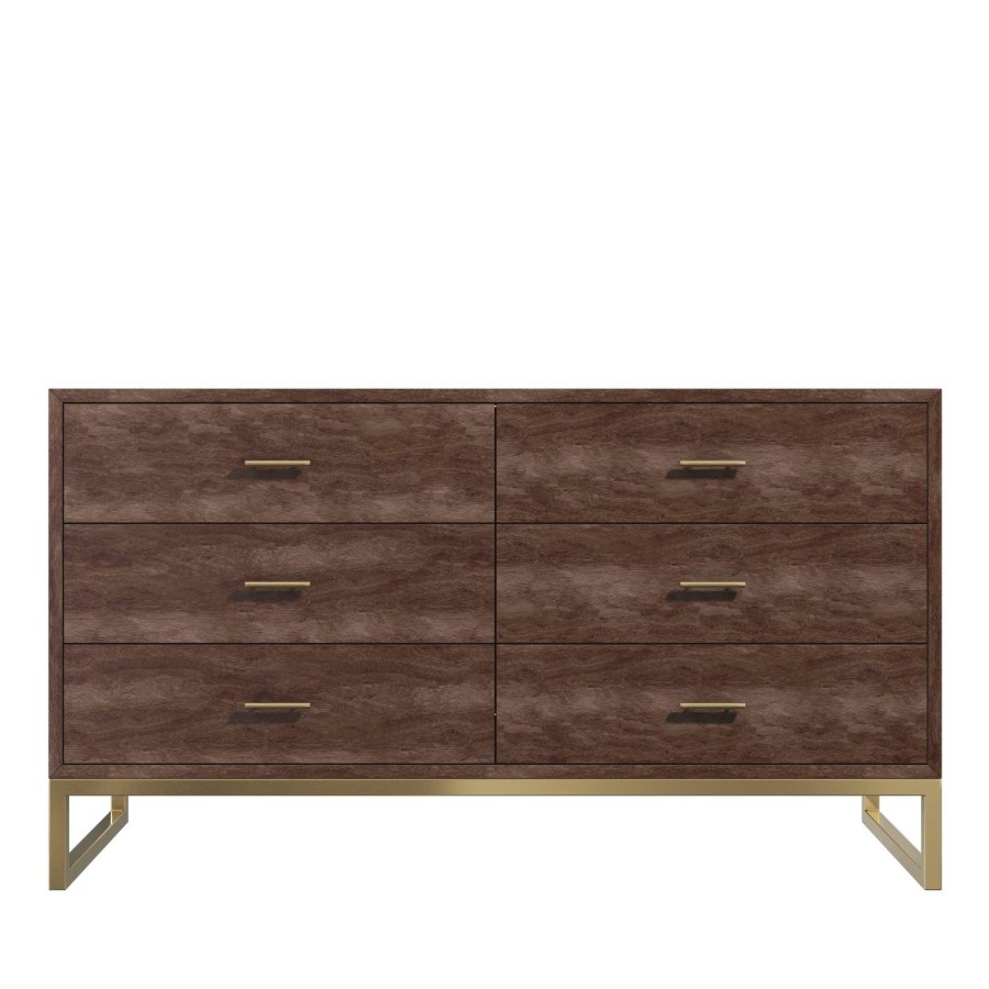 Aubrey Walnut 6 Drawer Wide Chest of Drawers with Gold Legs