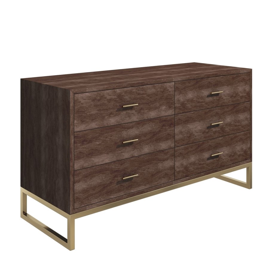 Aubrey Walnut 6 Drawer Wide Chest of Drawers with Gold Legs