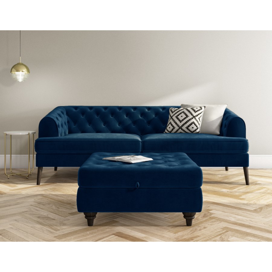 Chesterfield Sofa in Navy Blue Velvet - 3 Seater - Inez