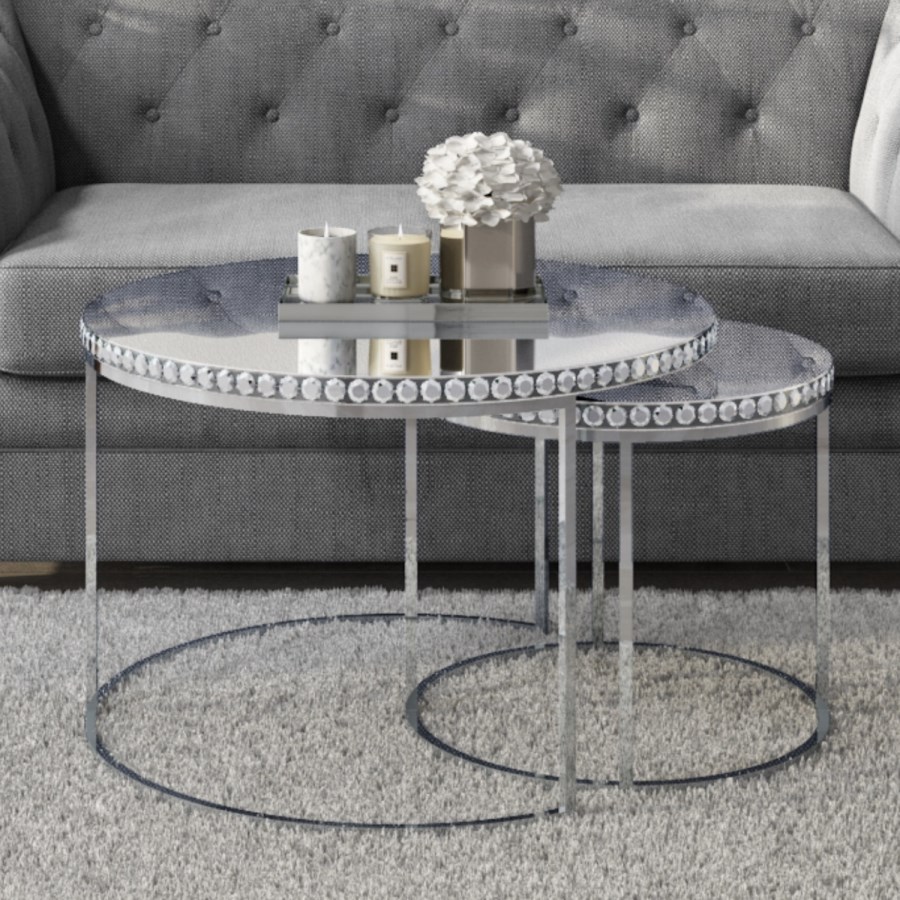 Round Mirrored Coffee Tables with Diamond Gems - Set of 2 - Jade Boutique