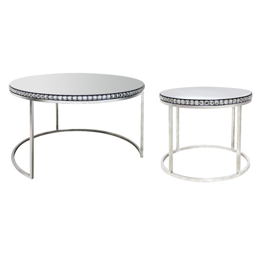 Round Mirrored Coffee Tables with Diamond Gems - Set of 2 - Jade Boutique