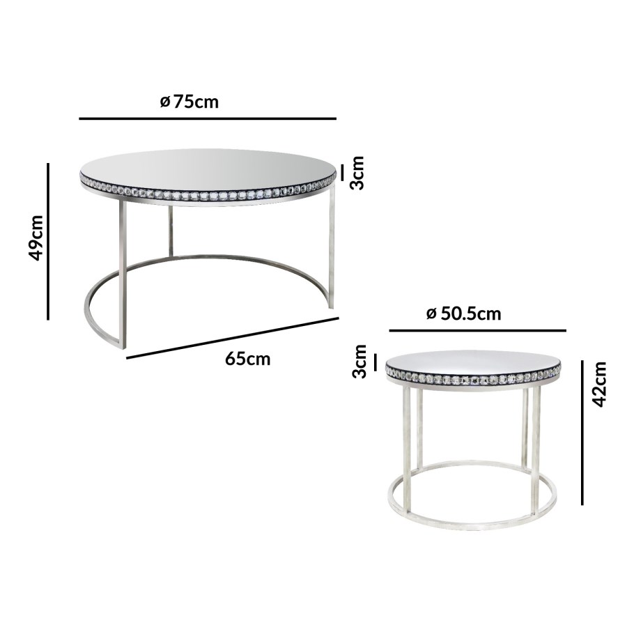 Round Mirrored Coffee Tables with Diamond Gems - Set of 2 - Jade Boutique