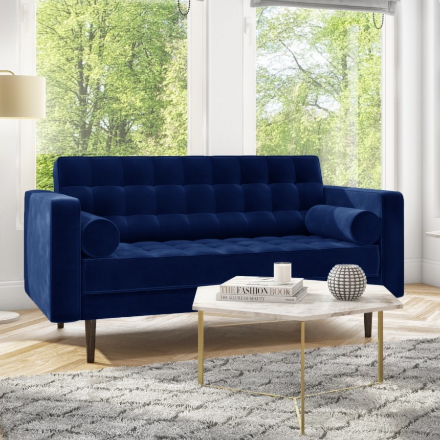 GRADE A2 - Elba Blue Velvet Sofa with Button Detailing & Bolster Cushions - Seats 2