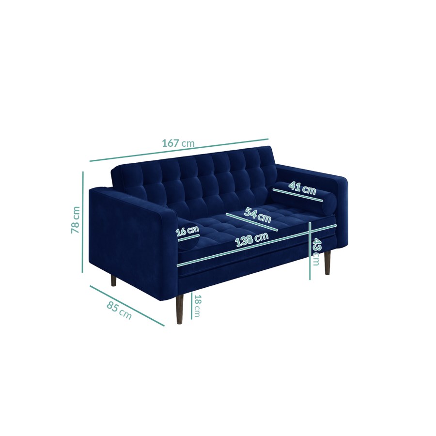 GRADE A2 - Elba Blue Velvet Sofa with Button Detailing & Bolster Cushions - Seats 2