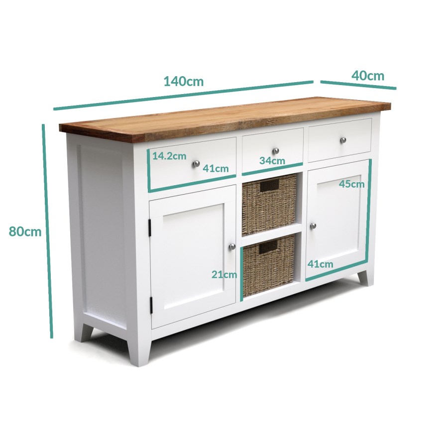 Large White Sideboard with Oak Top & Baskets - Aylesbury