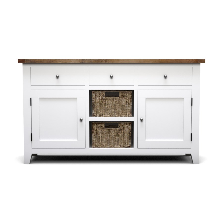 Large White Sideboard with Oak Top & Baskets - Aylesbury