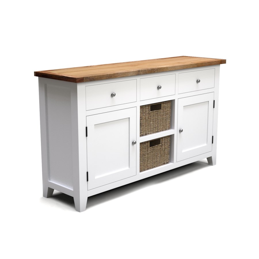 Large White Sideboard with Oak Top & Baskets - Aylesbury