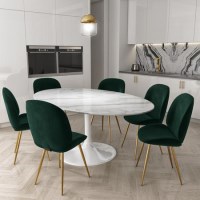 White Oval Pedestal Dining Table with 6 Dining Chairs in Green Velvet White Oval Pedestal Dining Table with 6 Dining Chairs in Green Velvet