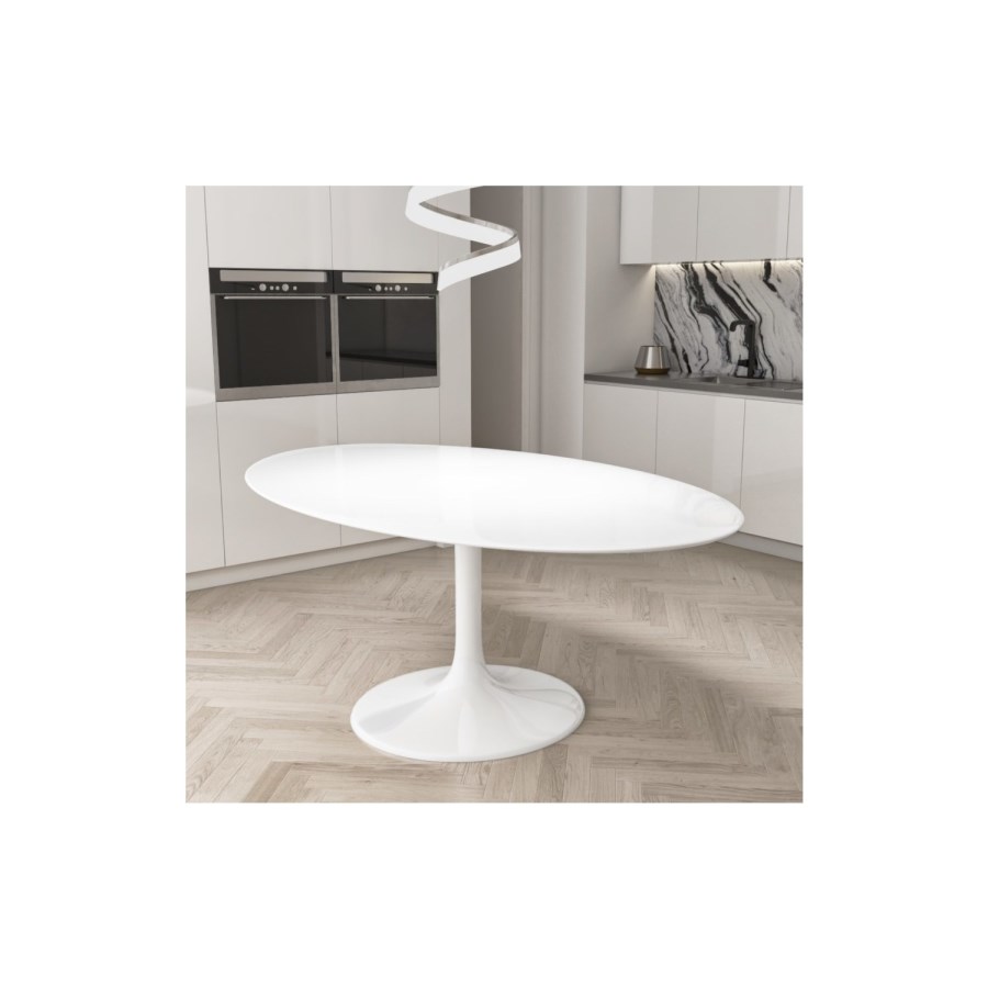 White Oval Pedestal Dining Table with 6 Dining Chairs in Green Velvet