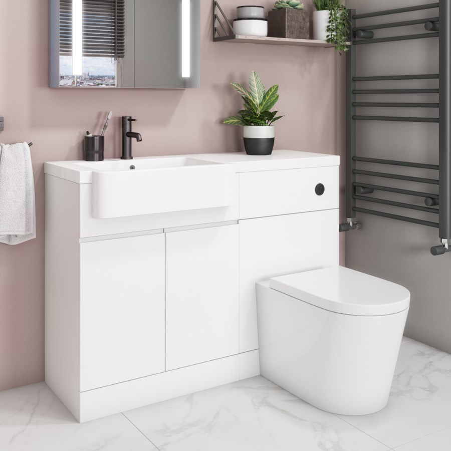 Bali Matt White Toilet and Basin Vanity Combination with J Shape Left Hand Bath & Screen Suite