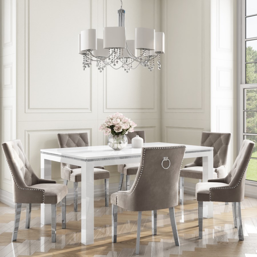 White Gloss Dining Table and 6 Mink Velvet Dining Chairs - Jewel