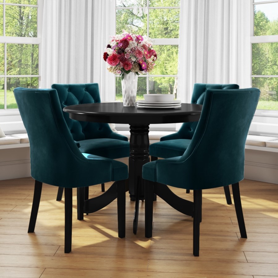 Small Round Dining Table in Black with 4 Teal Blue Velvet Chairs- Rhode Island & Kaylee