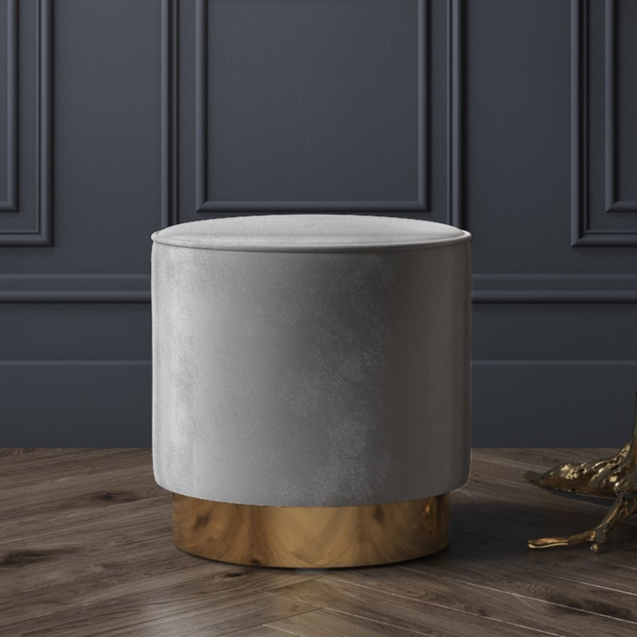 Xena Pouffe in Pale Grey Velvet - Small Round Upholstered Stool