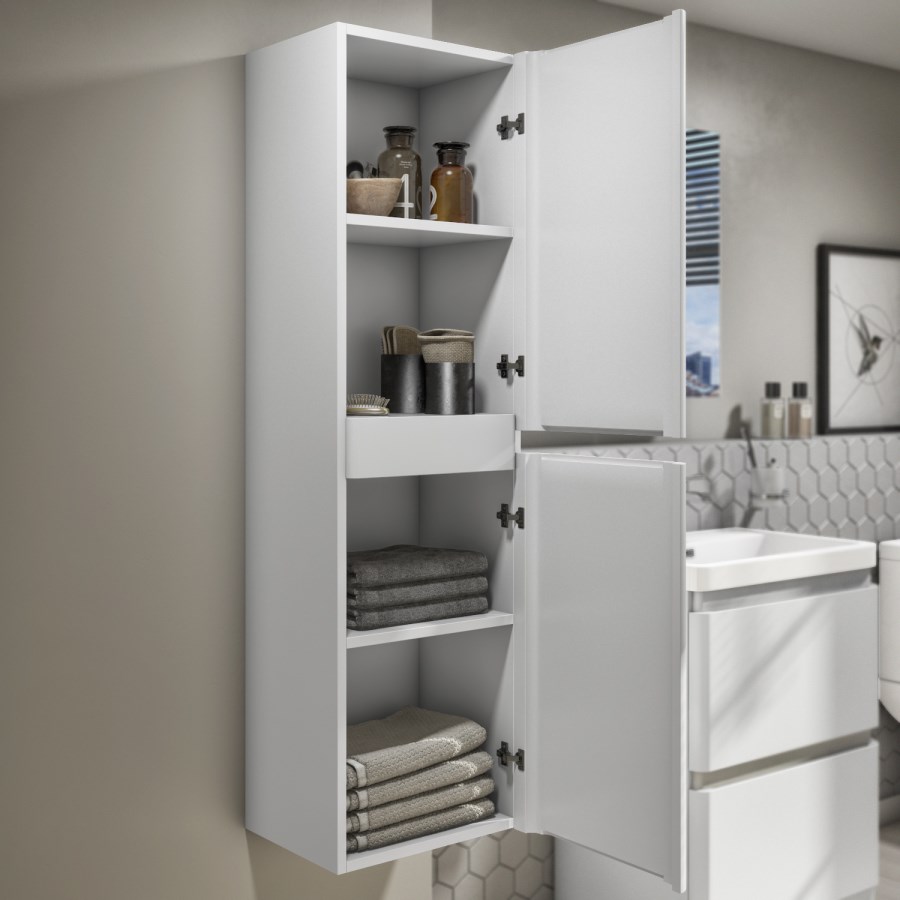 Wall Hung Tall Boy Storage Unit 1400mm - White Gloss - Portland