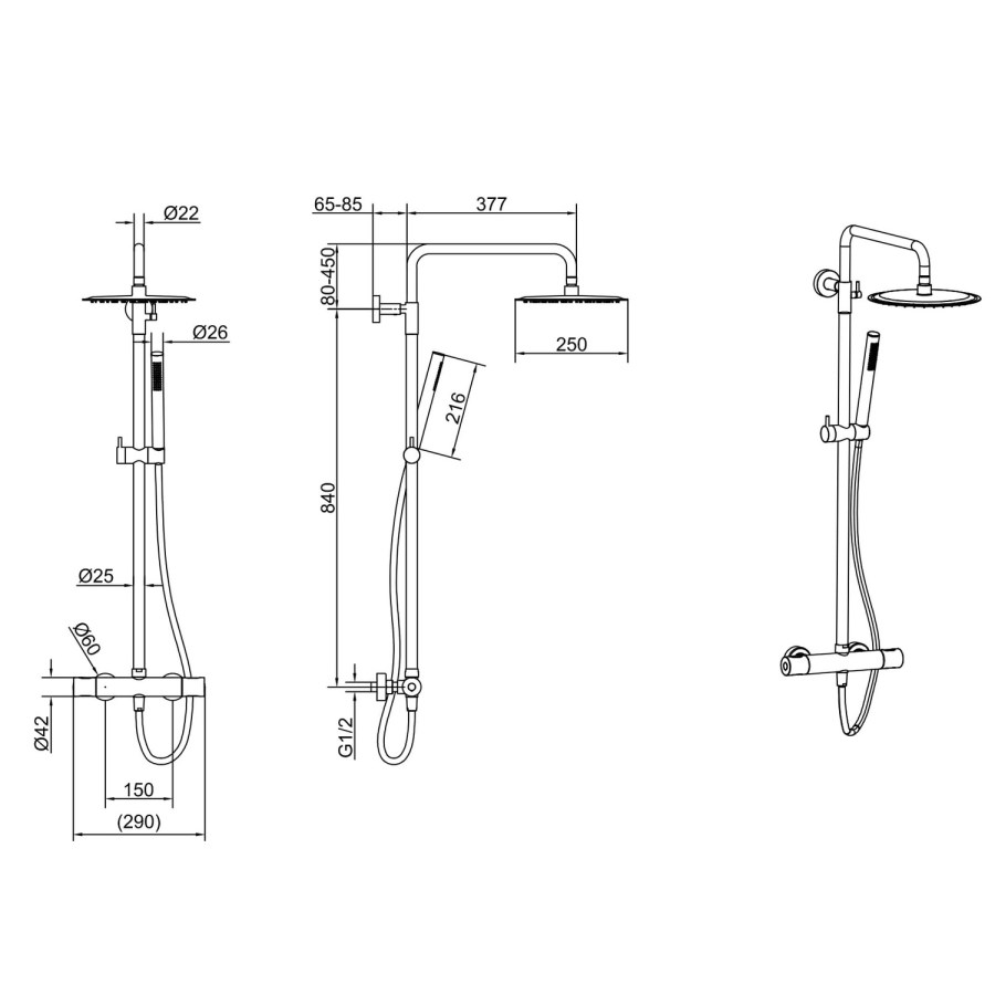 Brushed Brass Thermostatic Mixer Bar Shower with Round Overhead & Pencil Handset - Arissa
