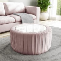Pink Velvet Ottoman Storage Pouffe with White Glass Top - Coffee Table - Clio  Pink Velvet Ottoman Storage Pouffe with White Glass Top - Coffee Table - Clio