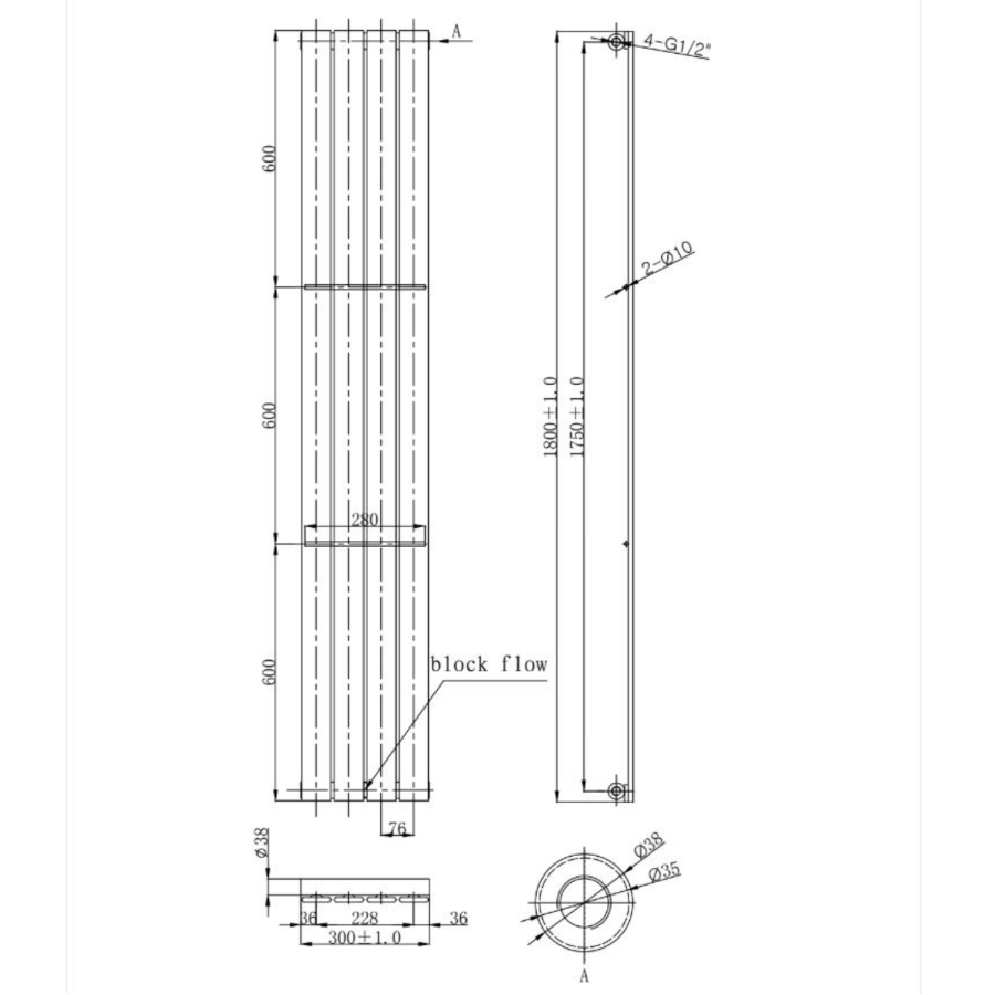 Vertical Panel Chrome Radiator - 1800 x 300mm