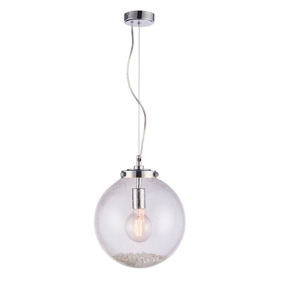 Harbour Chrome Ceiling Pendant Light with Clear Bubbled Glass Finish- 30cm