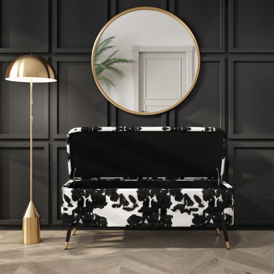 Small Velvet Ottoman Storage Bench in Cow Print - Felicity