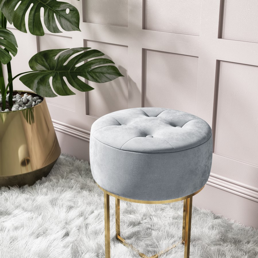 GRADE A1 - Grey Velvet Dressing Table Stool with Gold Legs - Fiorella