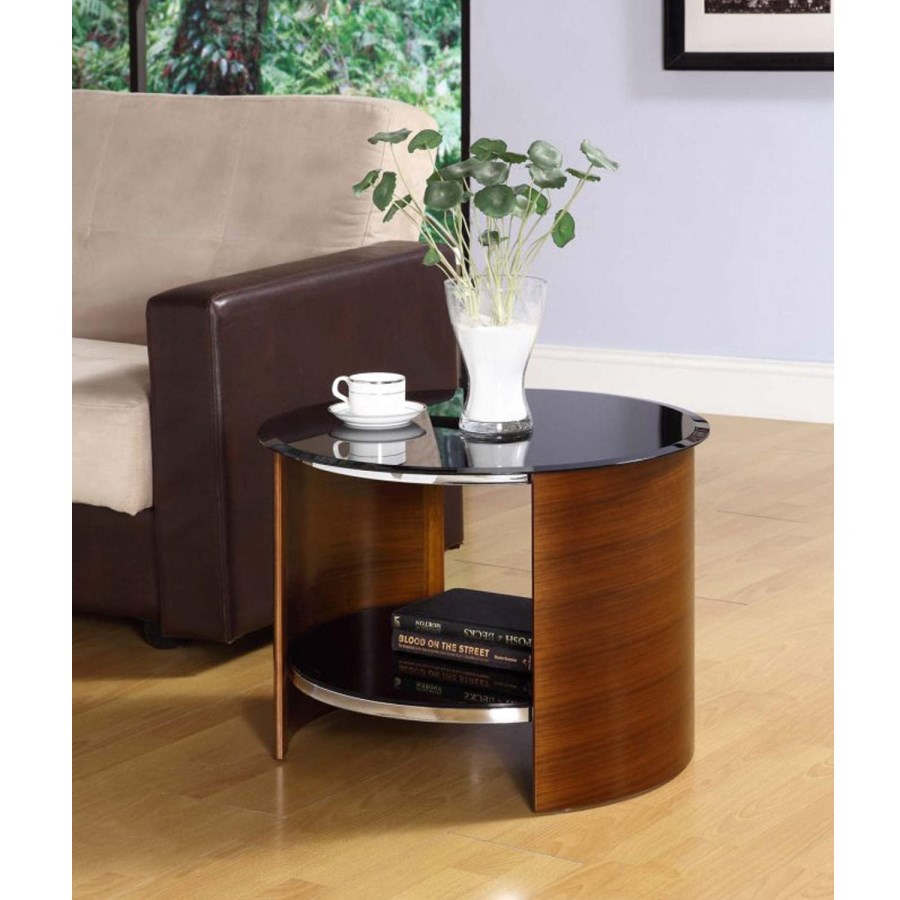 Jual Furnishings Curve Round Lamp Table in Walnut and Black Glass