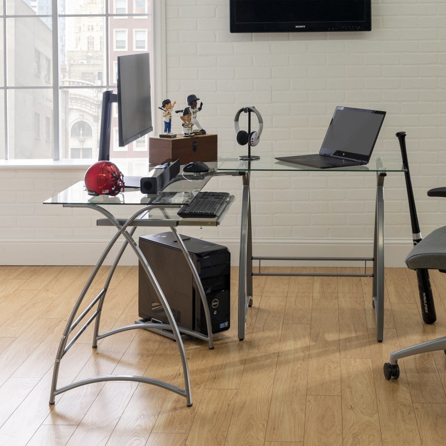 51" Modern Corner Glass Computer Desk - Silver