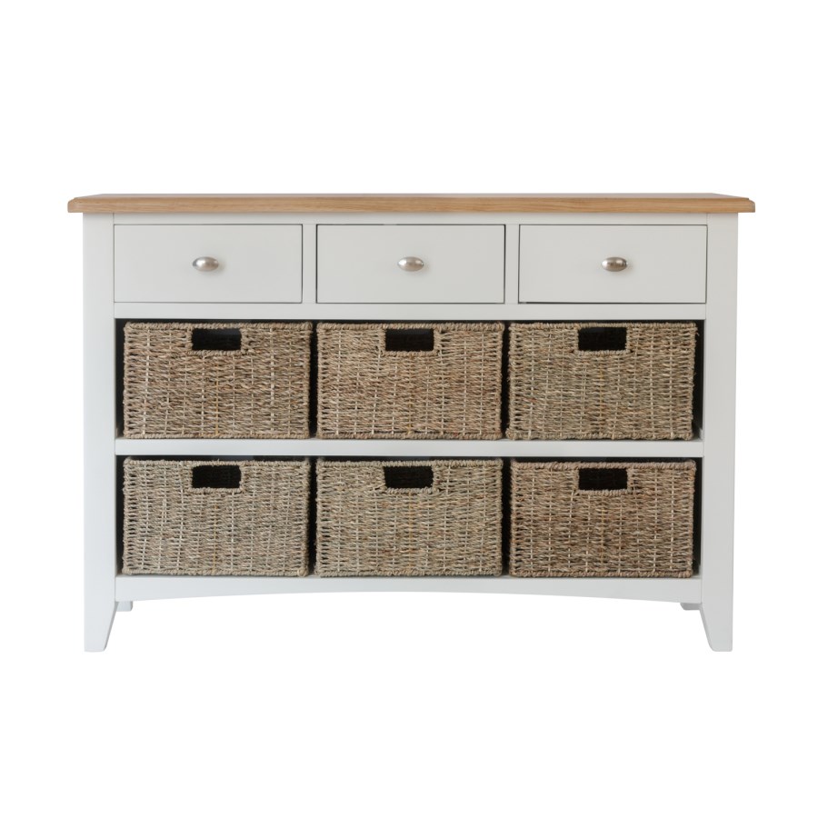 Bourton 3 Drawer 6 Basket Storage Unit in Cream and Light Oak