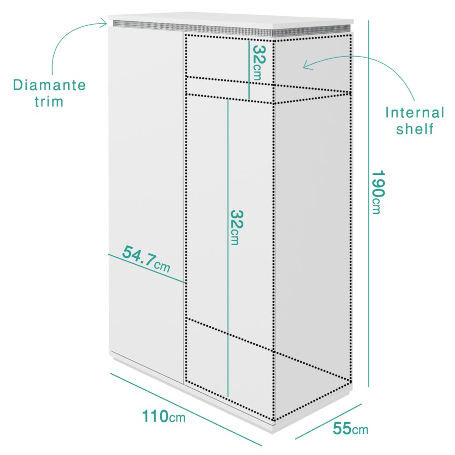 Gabriella White High Gloss Double Wardrobe with Diamante Trim