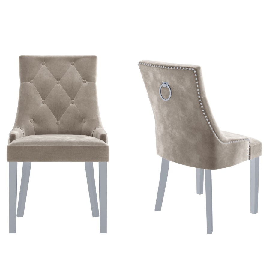 GRADE A1 - Pair of Mink Knocker Chairs in Velvet with Chrome Legs & Studs - Jade Boutique