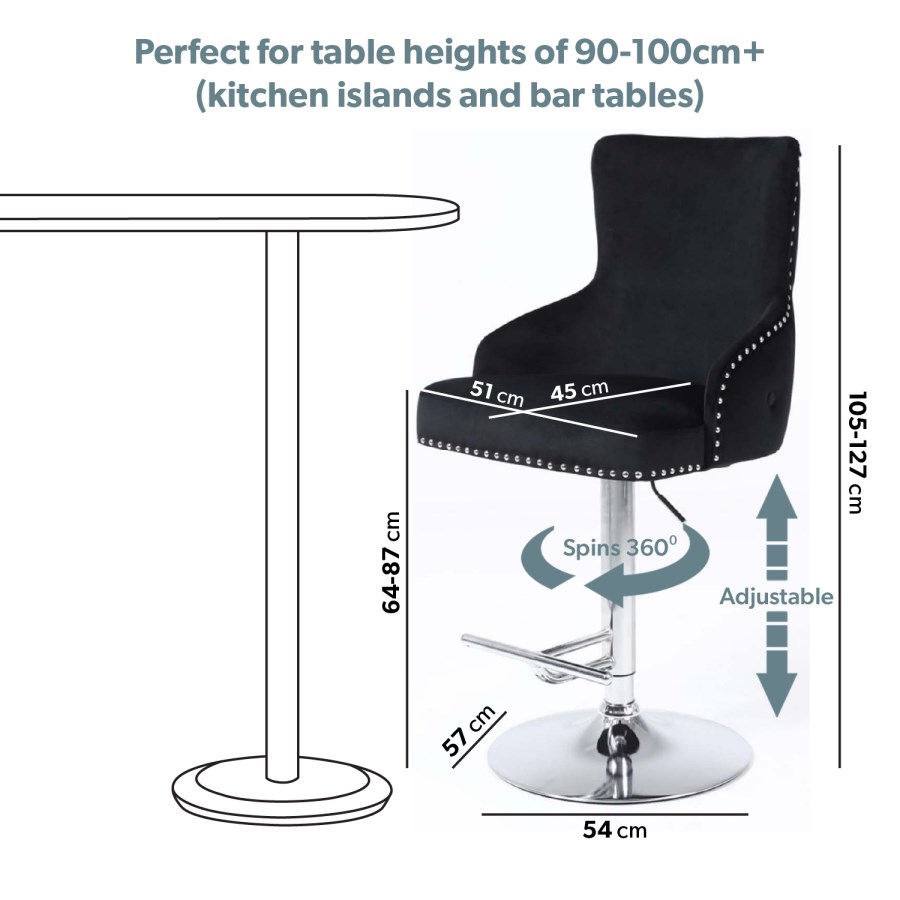 Black Velvet Swivel Bar Stool - Height Adjustable - Jade Boutique