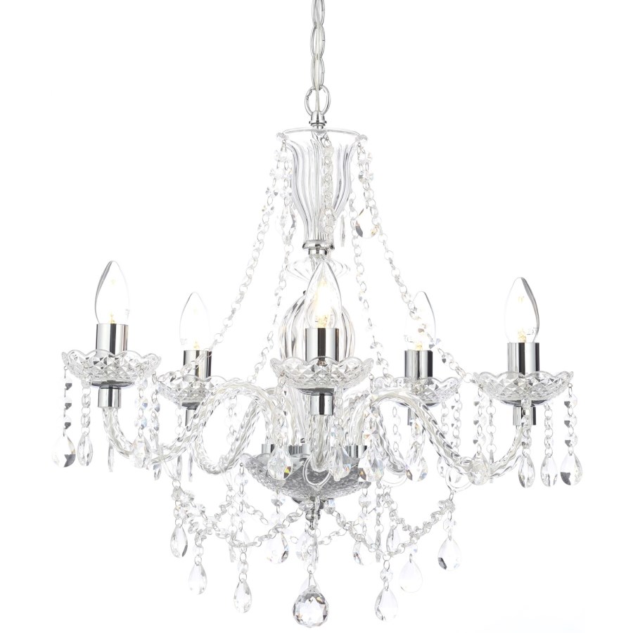 GRADE A1 - Bryony 5 Light Silver Crystal Chandelier Light with Candle Style Features & Glass Droplets
