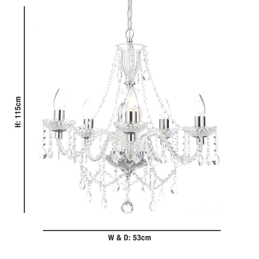 GRADE A1 - Bryony 5 Light Silver Crystal Chandelier Light with Candle Style Features & Glass Droplets