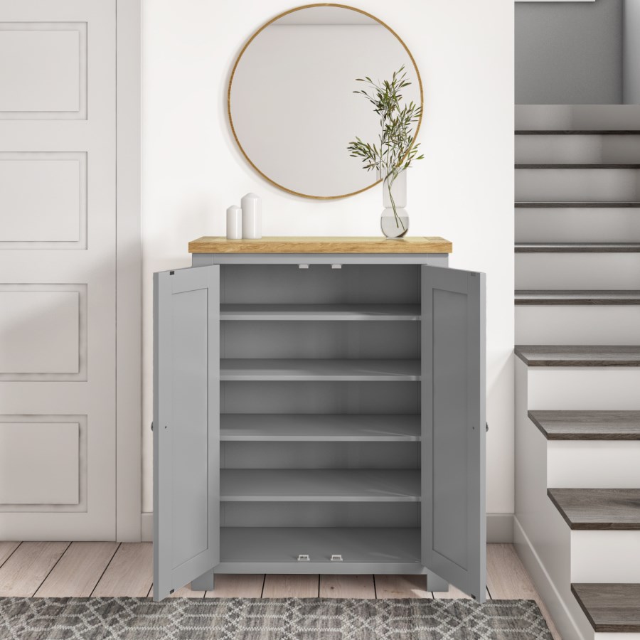 Grey Shoe Cabinet with Oak Top - Linden