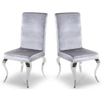 GRADE A1 - Louis Pair of Silver Velvet Dining Chairs with Mirrored Legs- By Vida Living GRADE A1 - Louis Pair of Silver Velvet Dining Chairs with Mirrored Legs- By Vida Living