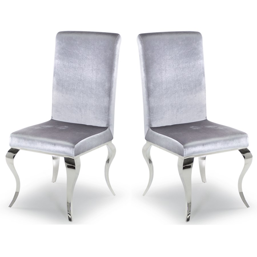 GRADE A1 - Louis Pair of Silver Velvet Dining Chairs with Mirrored Legs- By Vida Living