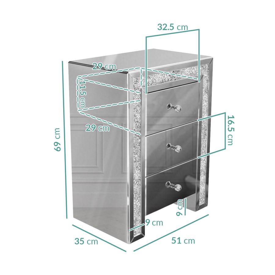 Mariah Crushed Diamond Mirrored Bedside Table in Silver
