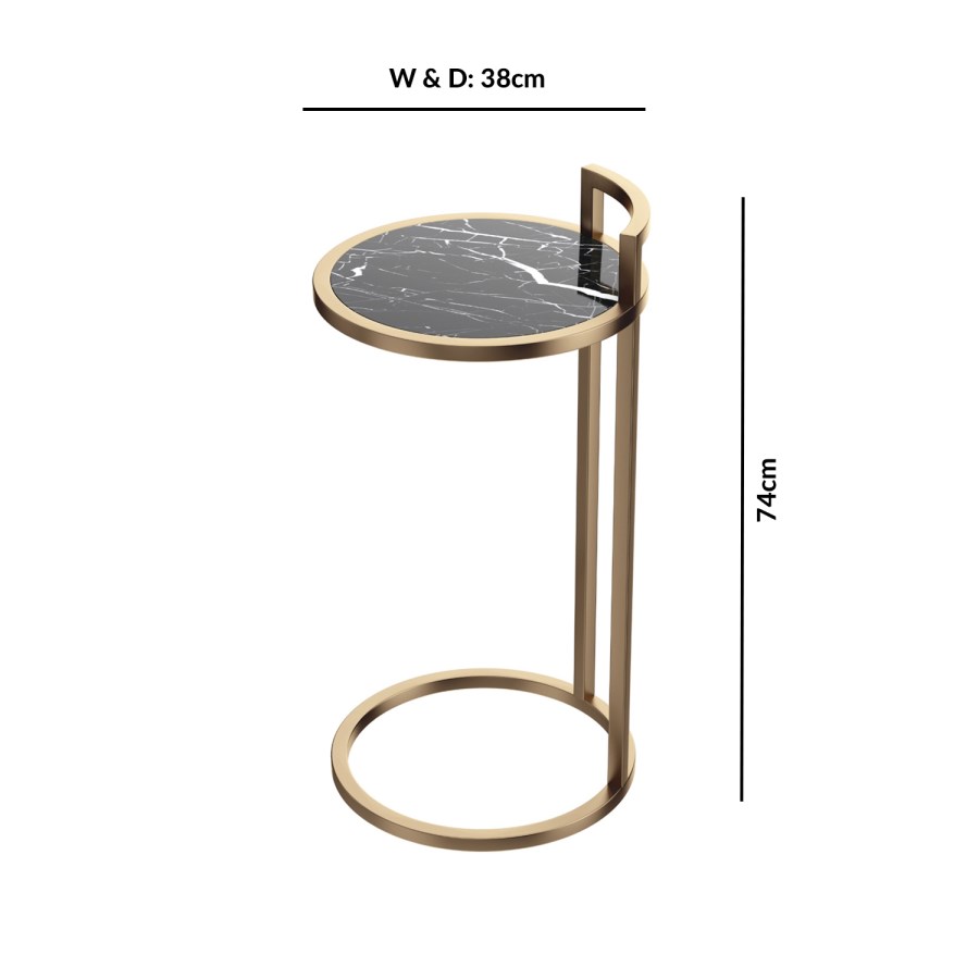 Black Marble Effect Side Table with Gold Metal Base - Meghan