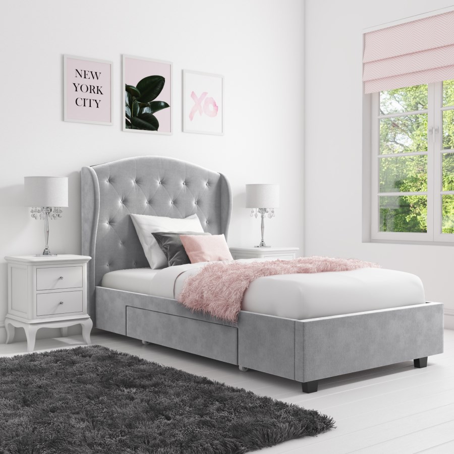 Grey Velvet Single Bed Frame with Storage Drawer - Safina