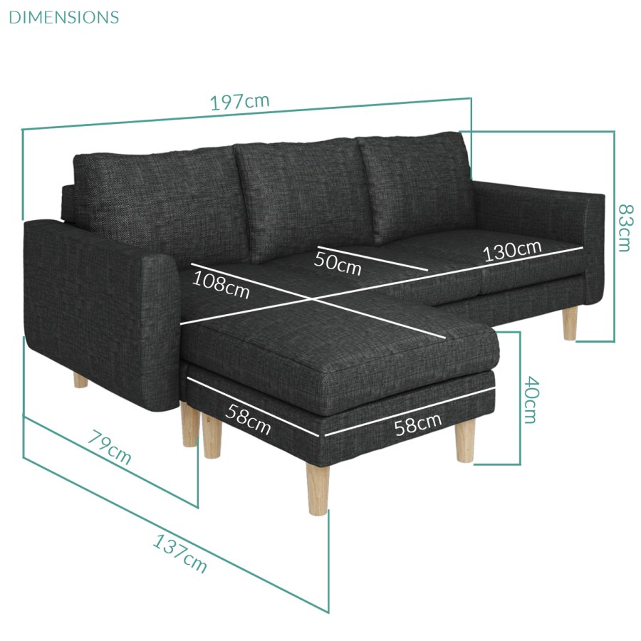 Brooke Dark Grey 3 Seater Corner Sofa - Right/Left Hand Chaise