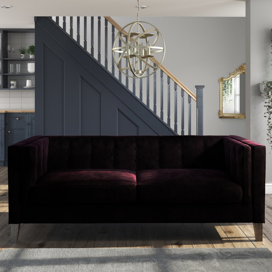 Bailey Velvet 3 Seater Sofa in Dark Aubergine