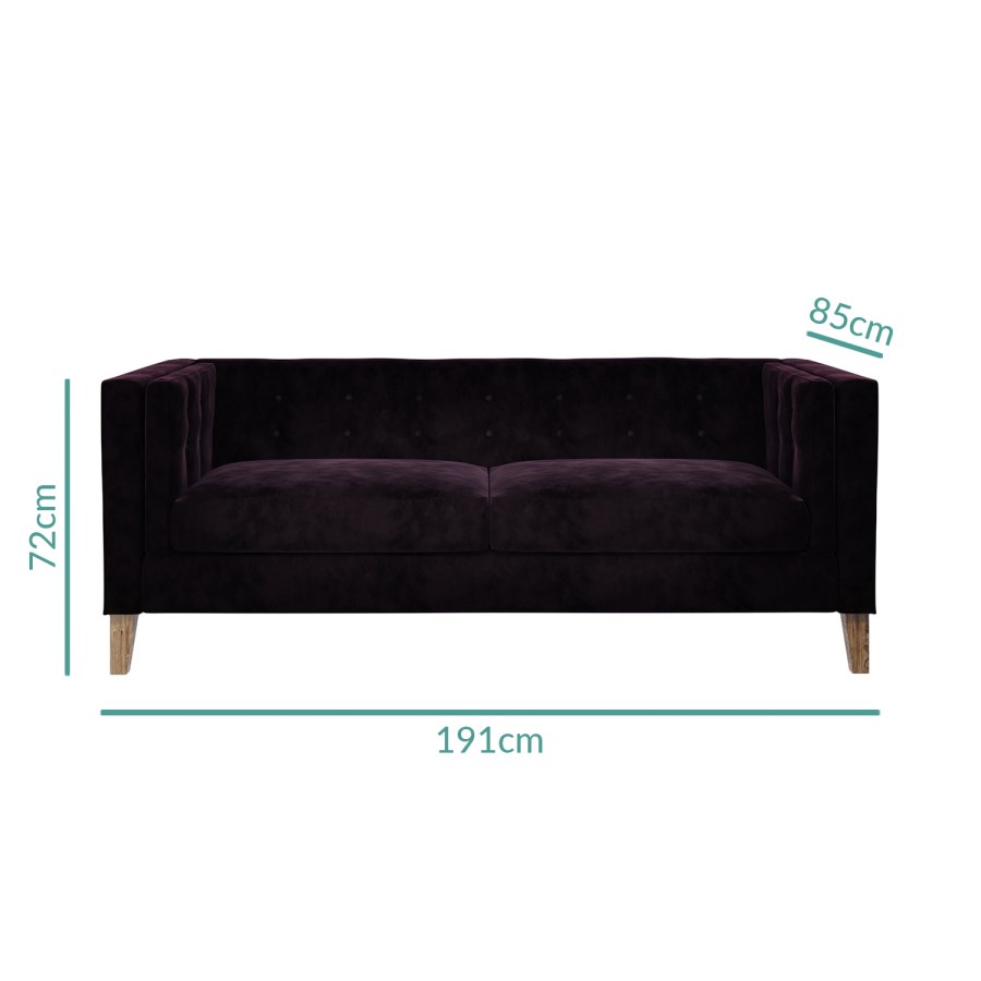 Bailey Velvet 3 Seater Sofa in Dark Aubergine