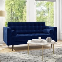GRADE A2 - Elba Blue Velvet Sofa with Button Detailing & Bolster Cushions - Seats 2 GRADE A2 - Elba Blue Velvet Sofa with Button Detailing & Bolster Cushions - Seats 2